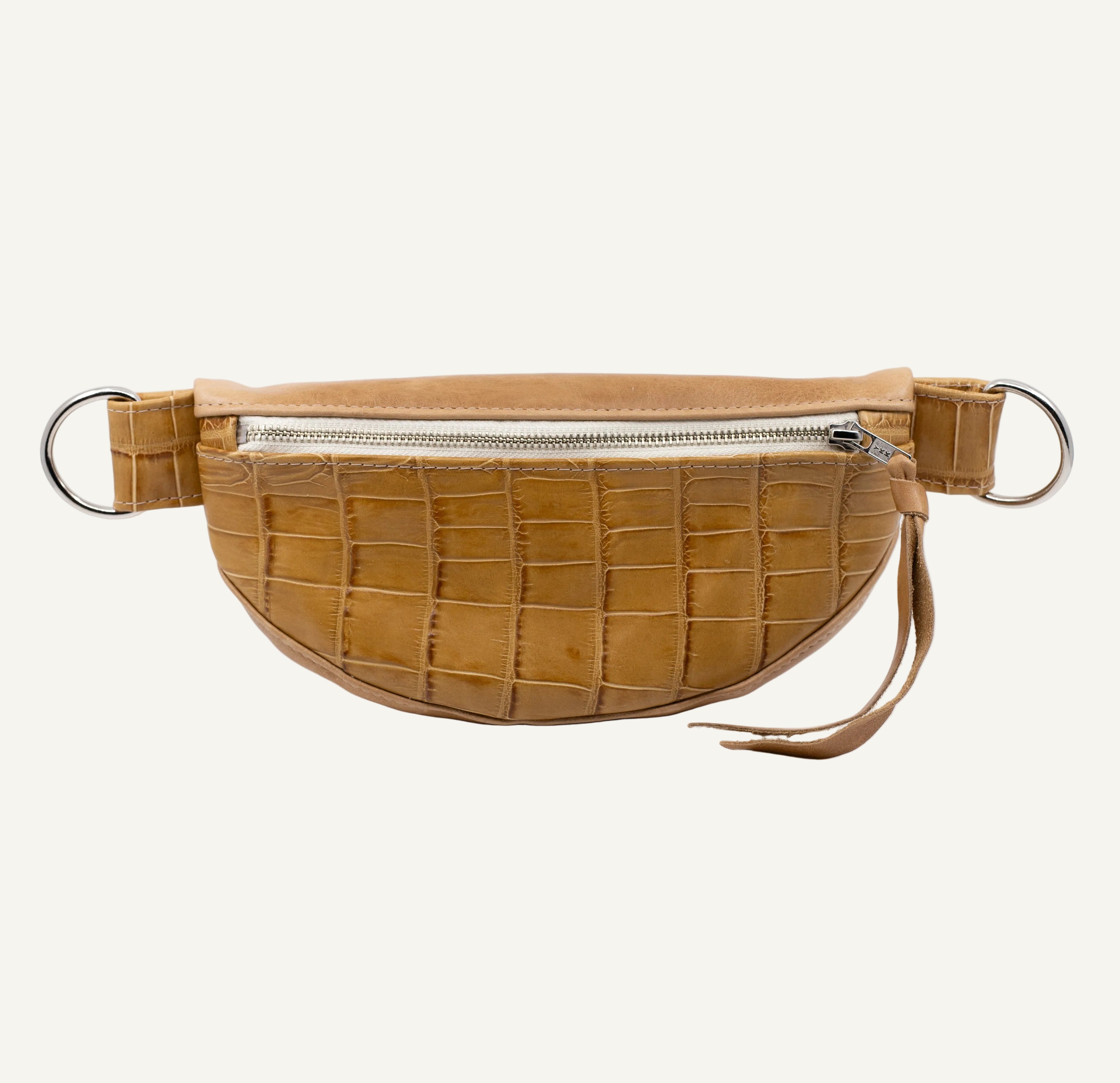 natural leather crocodile-patterned waist bag on a white background