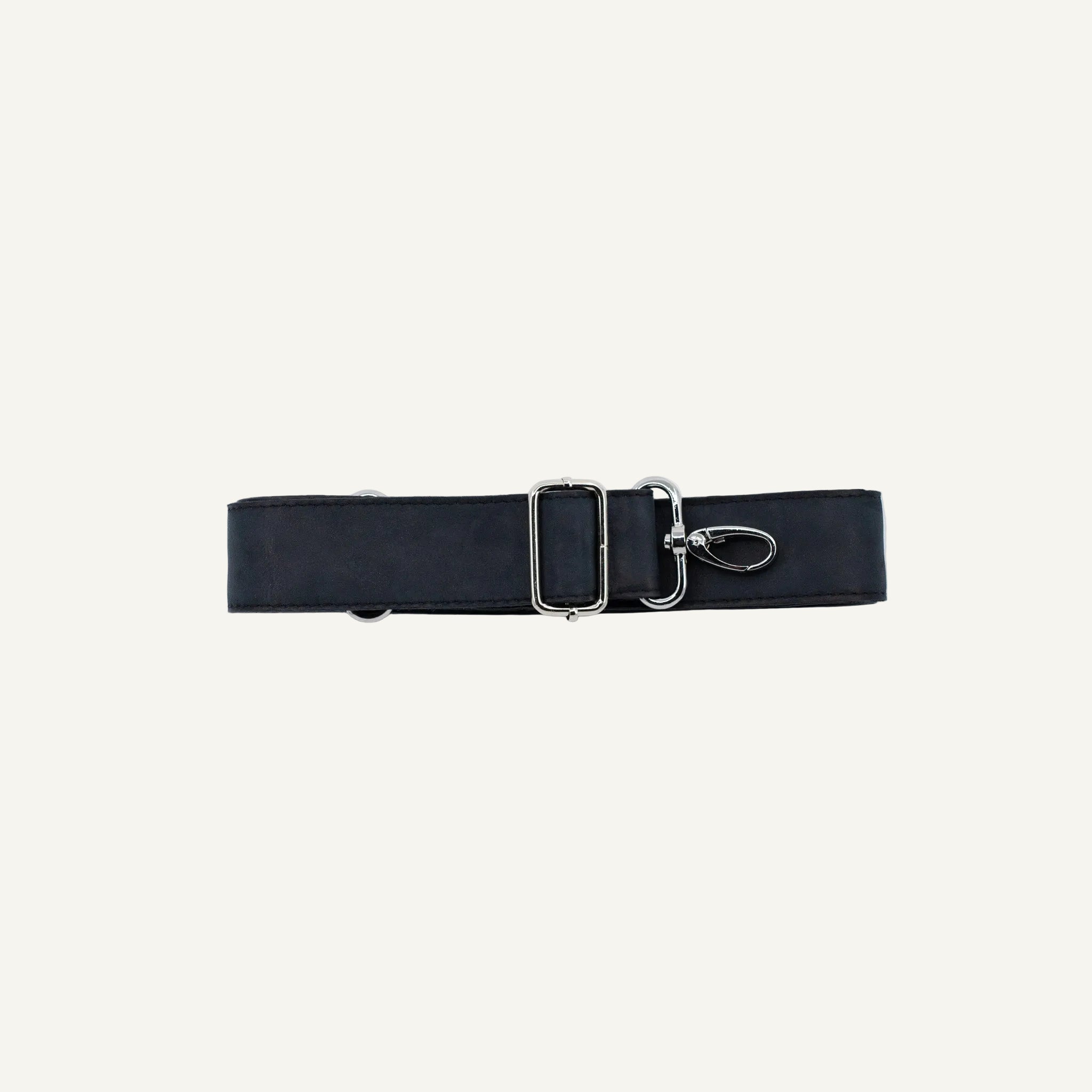 Navy blue strap with silver clips on a white background