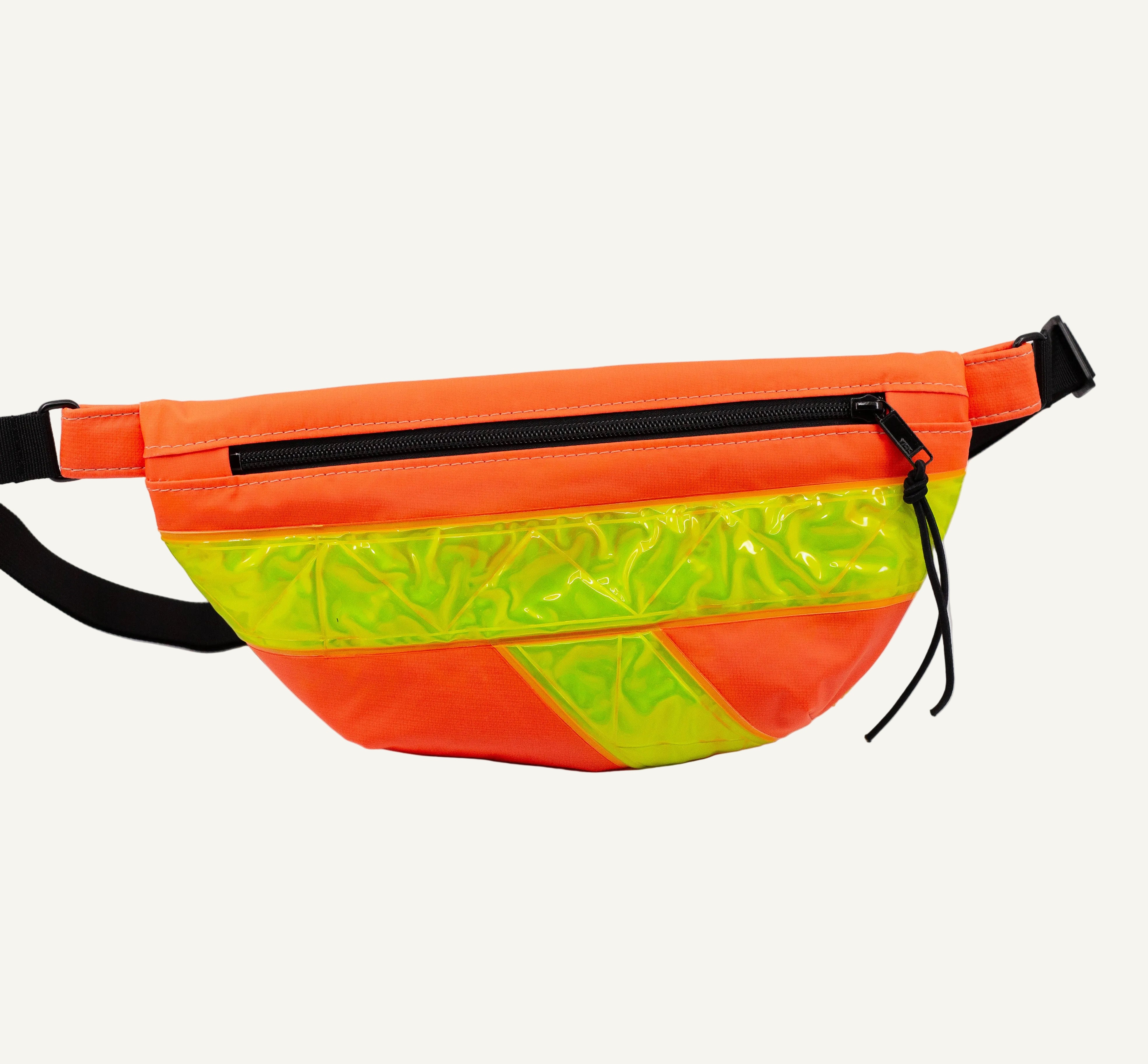 Neon orange and yellow waist bag on a light gray background