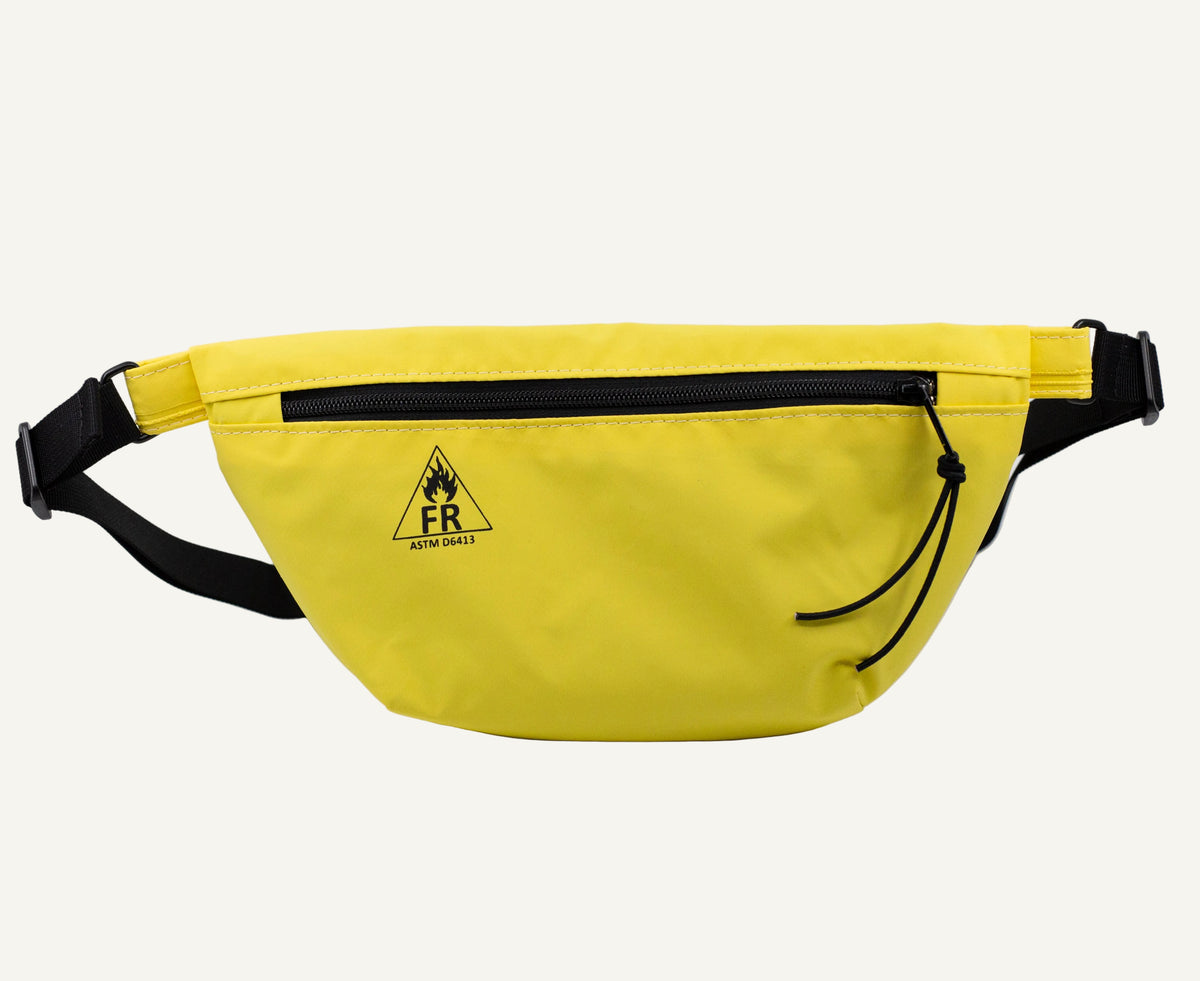 Yellow waist bag with black strap on a white background