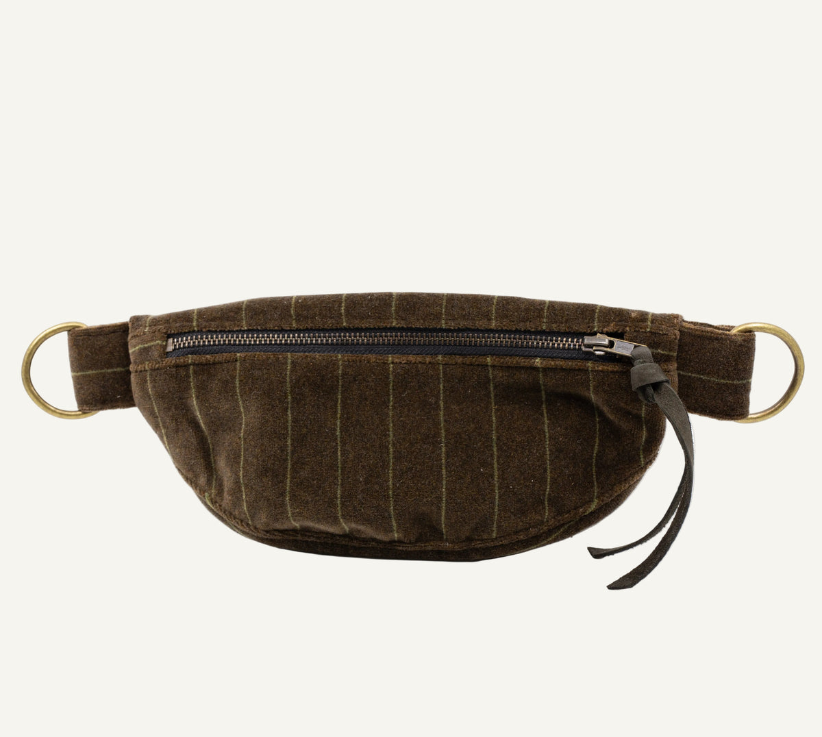 A dark brown pinstriped canvas belt bag with a black zipper, brass-colored metal O-rings, and a black leather strap, shown against a plain white background.