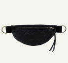 A black quilted waist bag with a diamond-stitched pattern, featuring a top zipper, a black adjustable strap, and gold-tone metal O-rings on a white background.