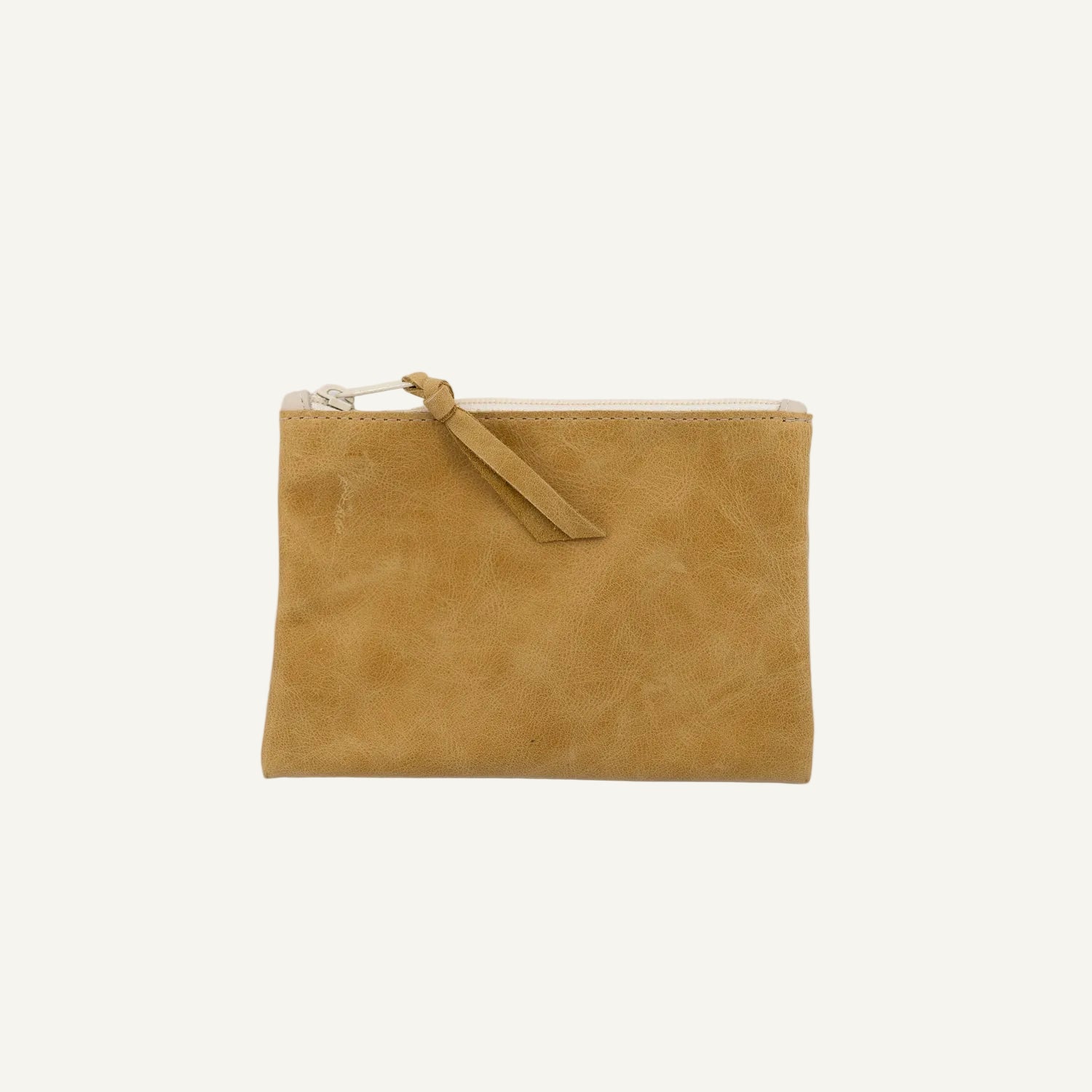 butter leather pouch with a zipper on a white background