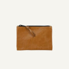 Brown leather pouch with a zipper on a white background