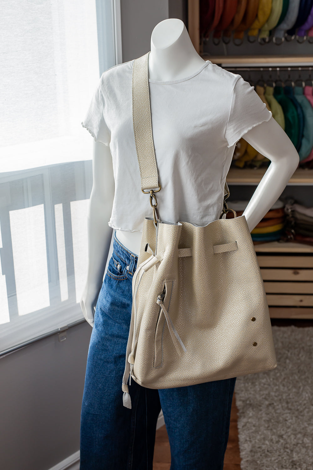 Metallic Cream - Leather Bucket Tote