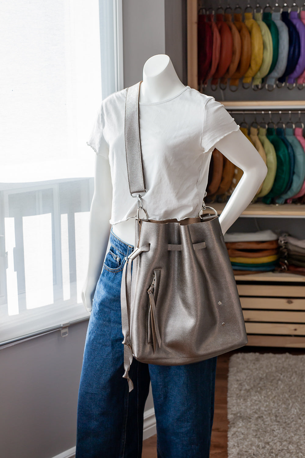 Pewter - Leather Bucket Tote