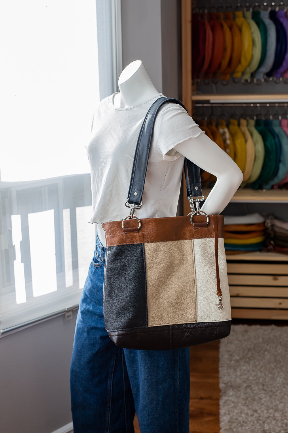 Chestnut - Patchwork Leather Shoulder Tote