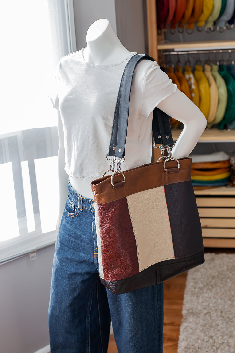 Chestnut - Patchwork Leather Shoulder Tote