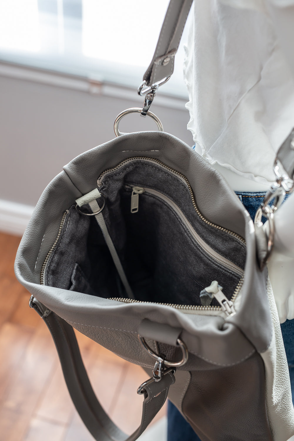 Grey - Patchwork Leather Shoulder Tote