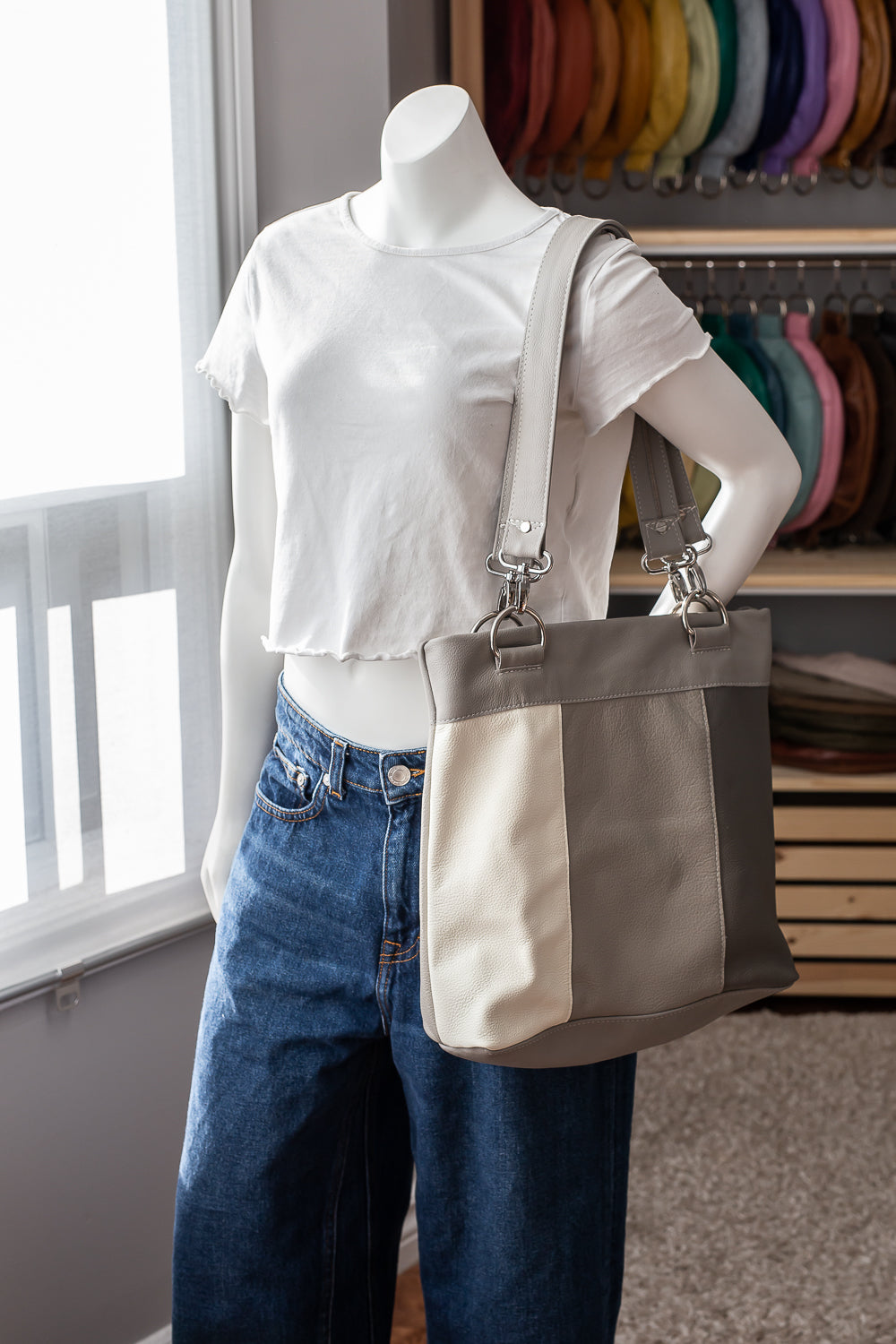 Grey - Patchwork Leather Shoulder Tote