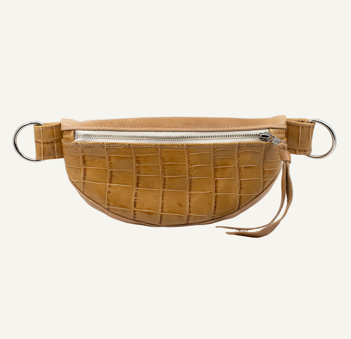 natural leather  crocodile-patterned waist bag on a white background