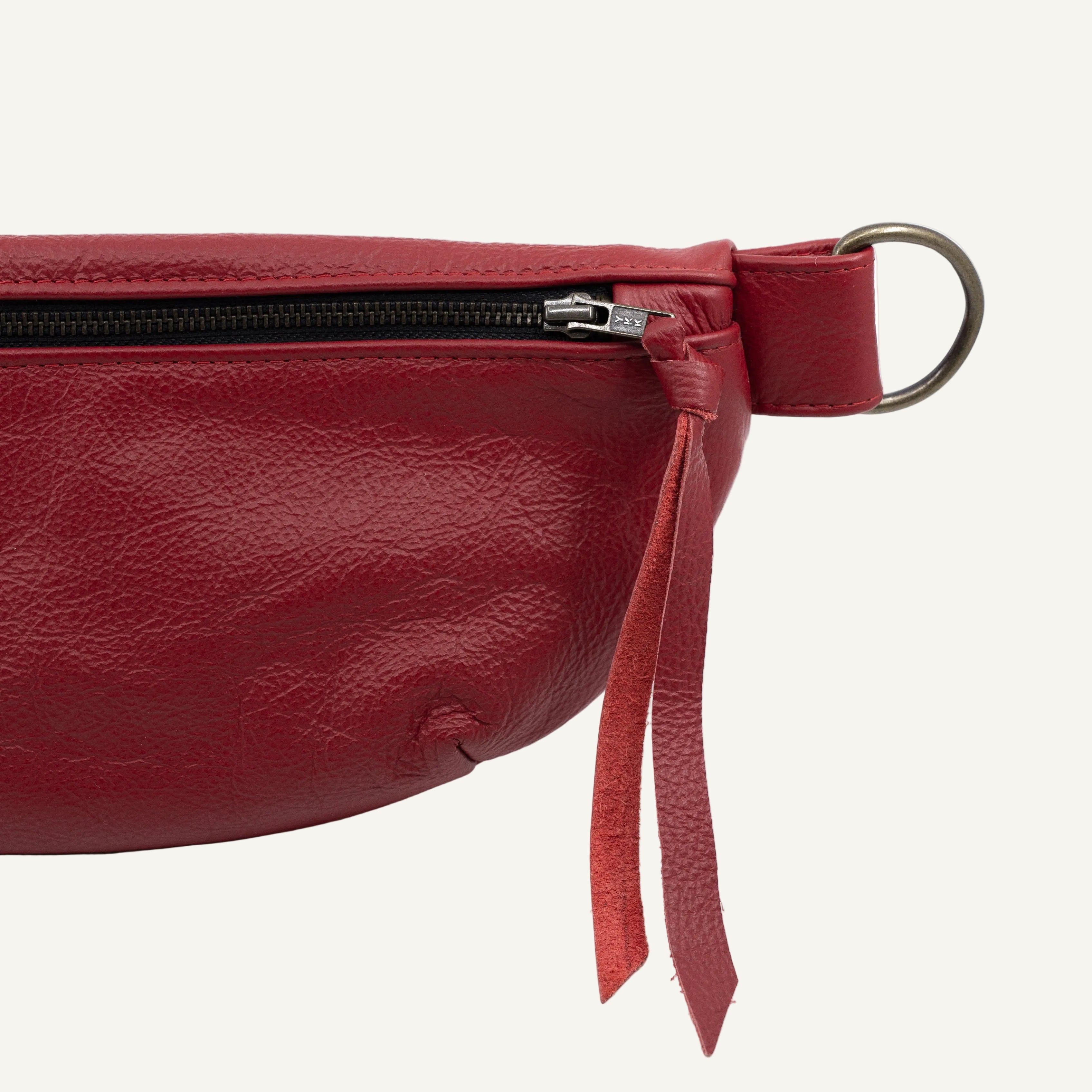 A close-up of a textured red leather crossbody bag with a black zipper, brass hardware, set against a plain white background.