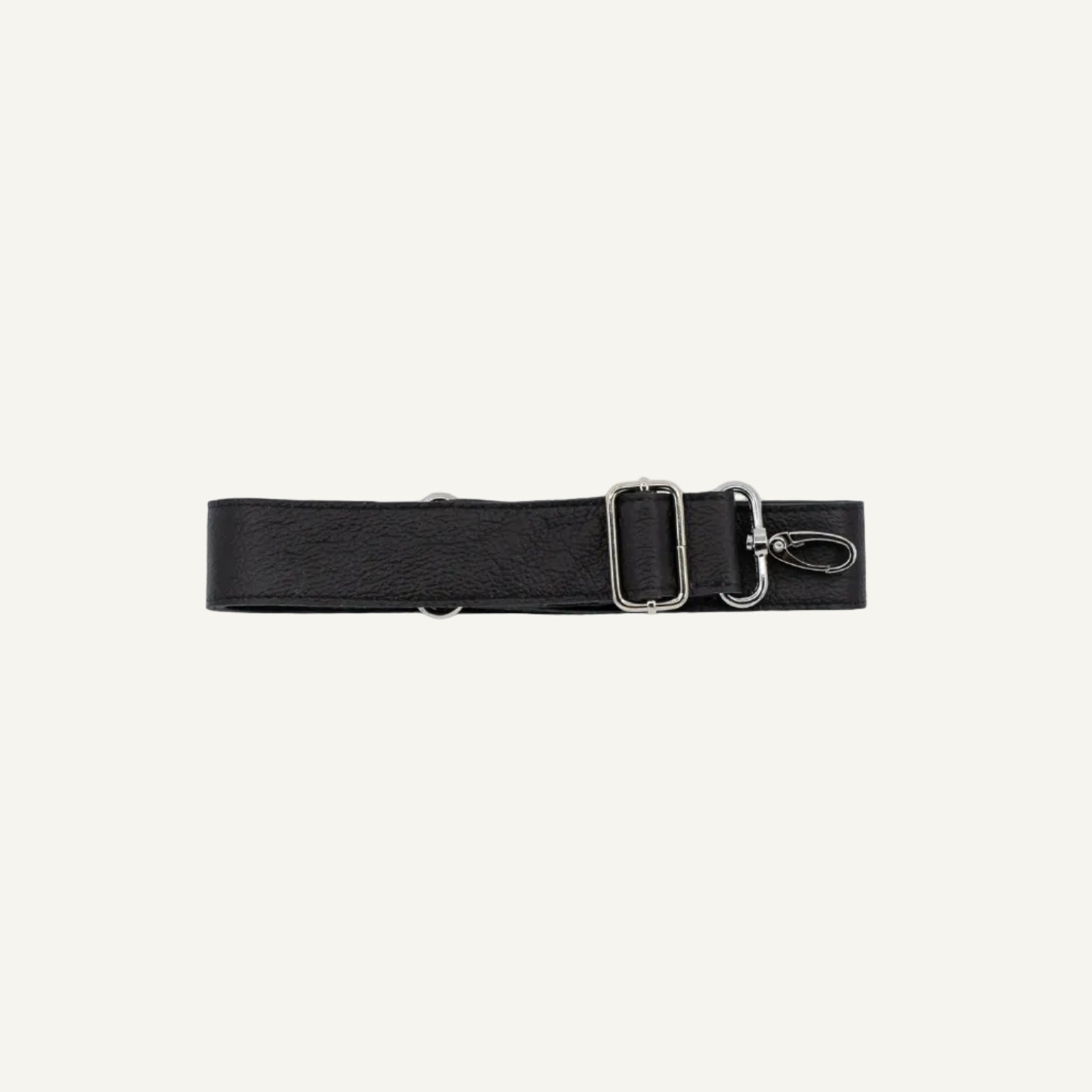 Black leather strap with silver clip on a white background