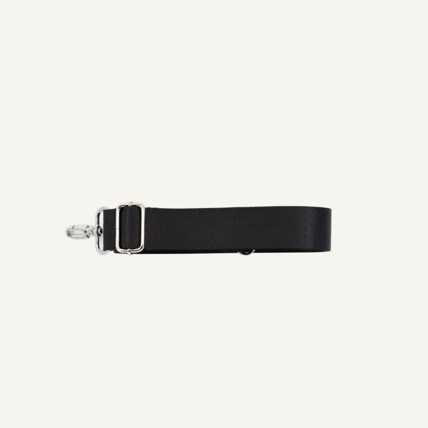 Black strap with a silver clip on a white background