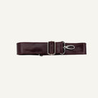 Maroon leather strap with silver clips on a white background