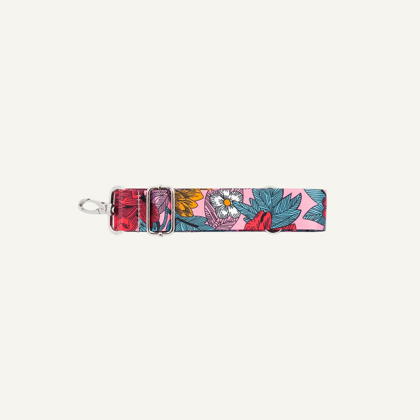 Floral patterned strap with a metal clasp on a white background