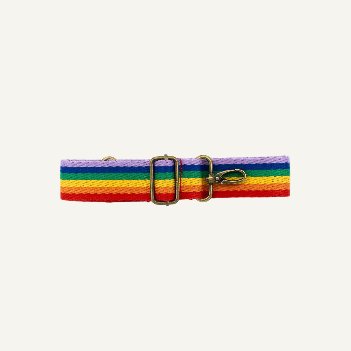 Multicolored striped strap with a gold clips on a white background