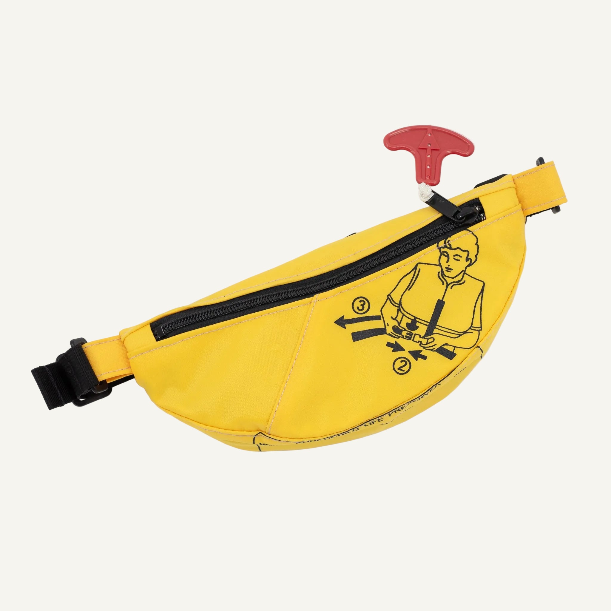 Yellow waist bag with black zipper and cartoon character on a white background