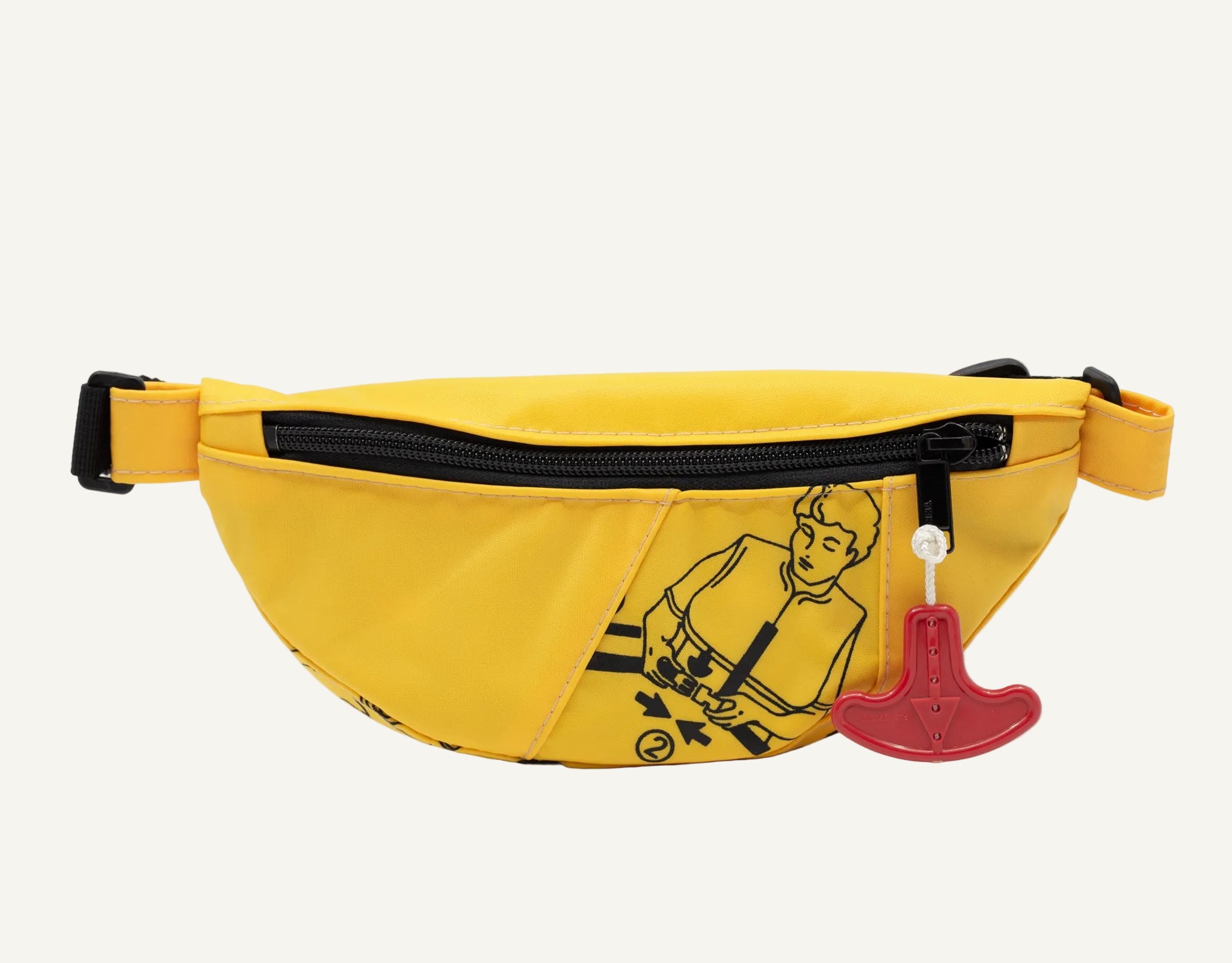 Yellow waist bag with black graphics and a red tool on a white background
