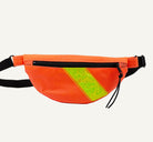 Orange fanny pack with a yellow reflective stripe on a white background
