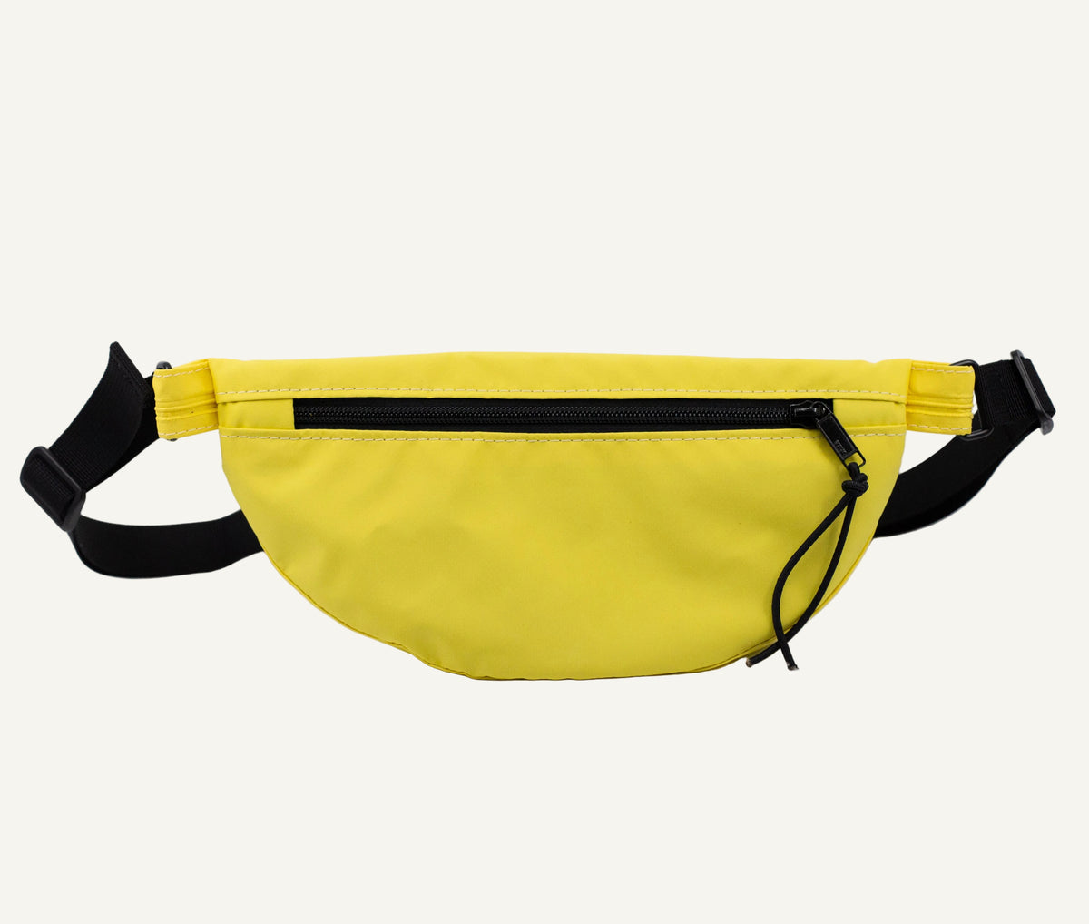 Yellow waist bag with black straps on a white background