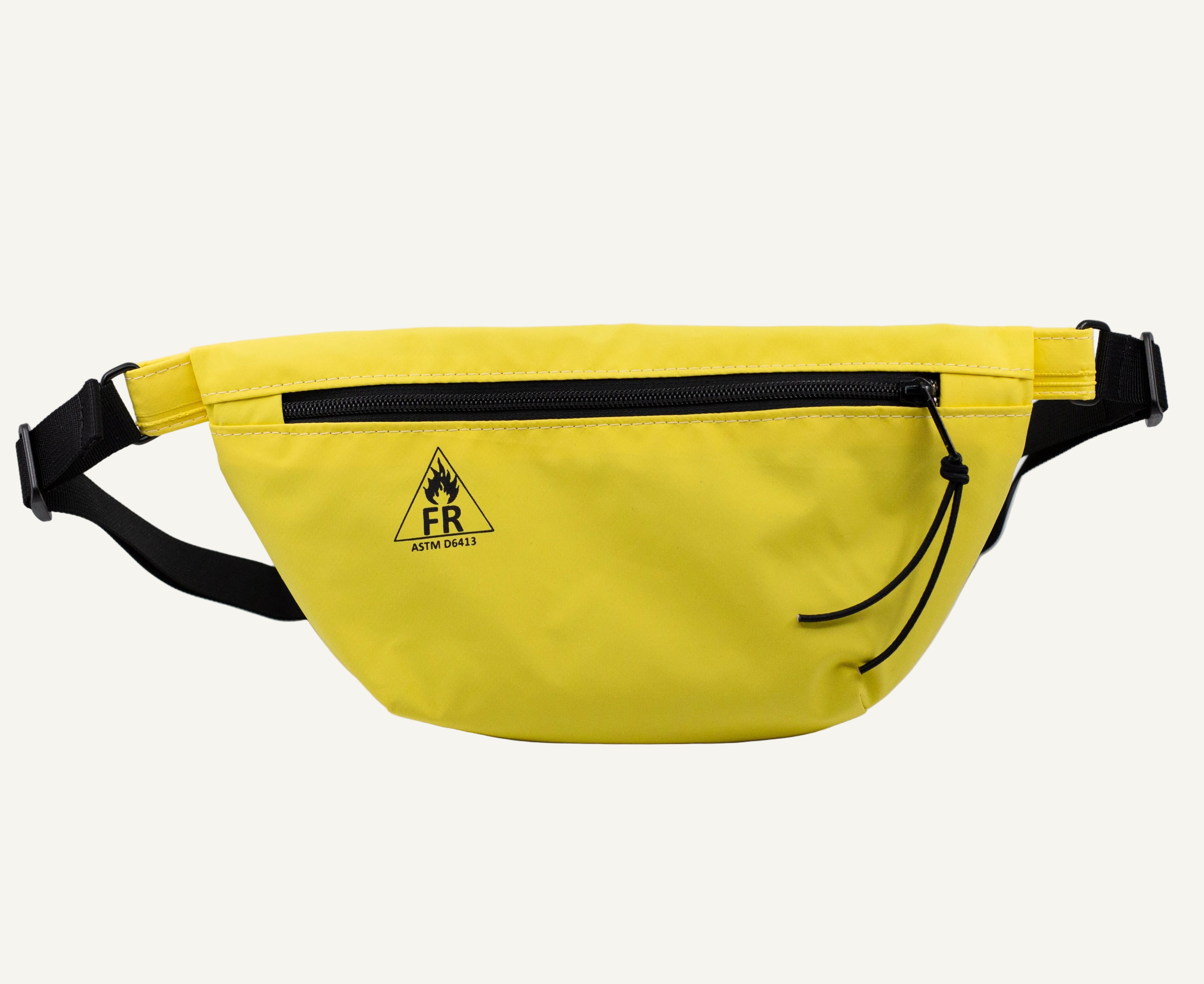 Yellow waist bag with black strap on a white background