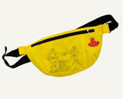 A bright yellow fanny pack with a black adjustable strap, featuring a front zippered pocket with printed emergency instructions and a small red plastic tag.