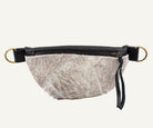 A small furred waist bag with a black leather zipper and strap, featuring gold-tone hardware rings on a white background.