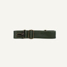 An olive green leather belt with an antique bronze buckle and a metal swivel snap hook, displayed horizontally on a clean white background.