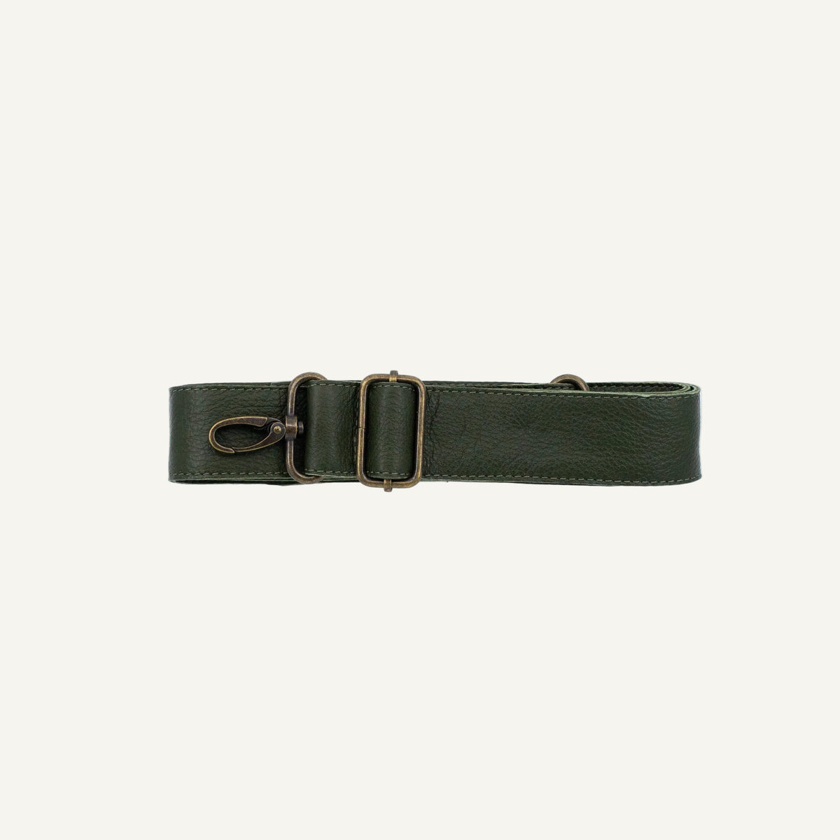 An olive green leather belt with an antique bronze buckle and a metal swivel snap hook, displayed horizontally on a clean white background.