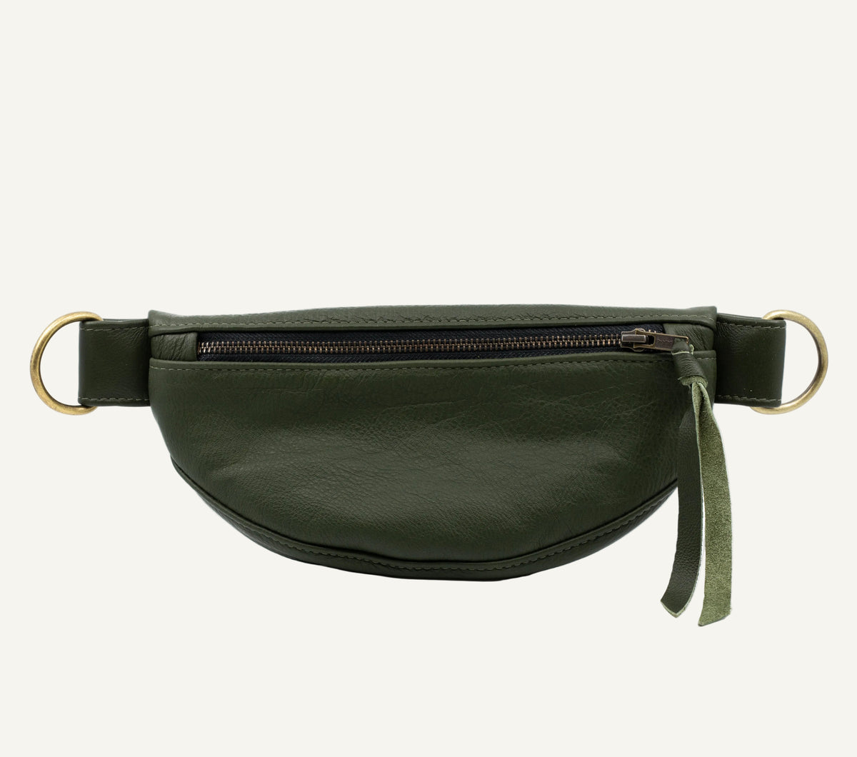 An olive green faux leather fanny pack with a front zipper pocket, adjustable strap, and gold-tone metal hardware, shown against a plain white background.