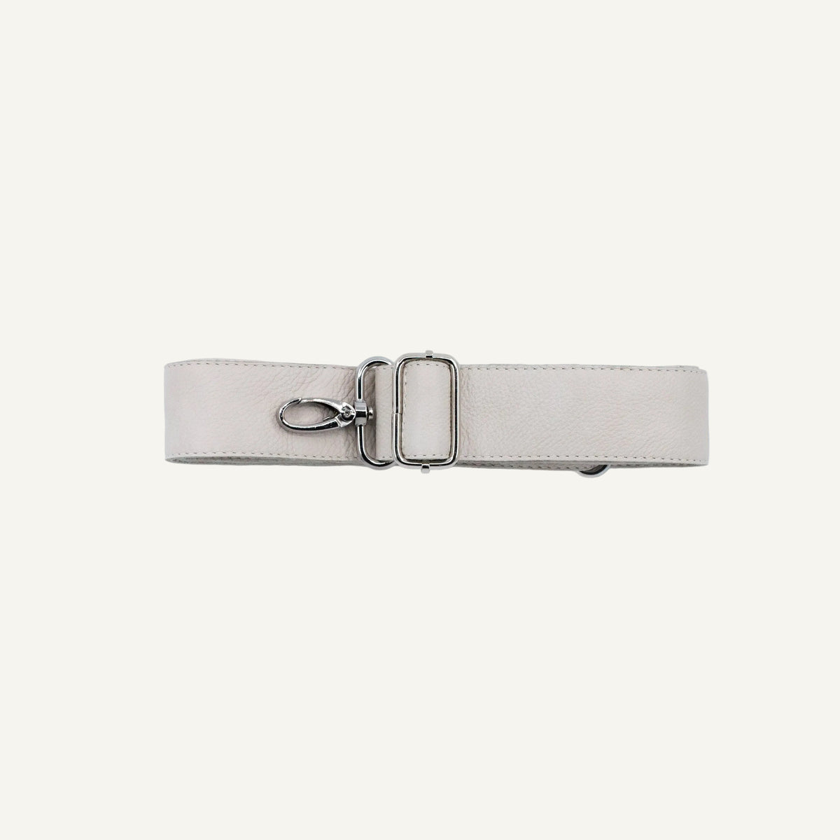 A light beige leather belt with a silver metal swivel snap closure and rectangular buckle, displayed horizontally on a clean white background.